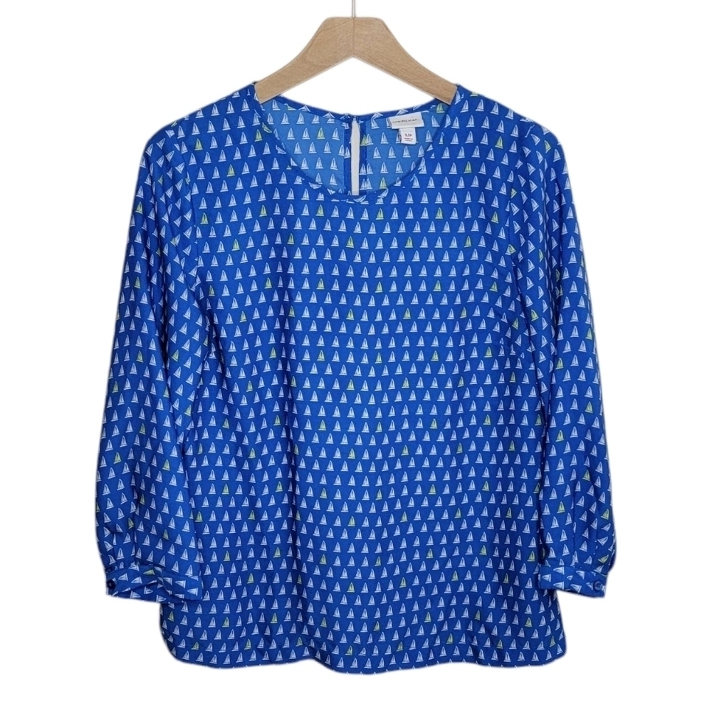Merona Blue White Yellow Sailboat Print Long Sleeve Blouse Size Small